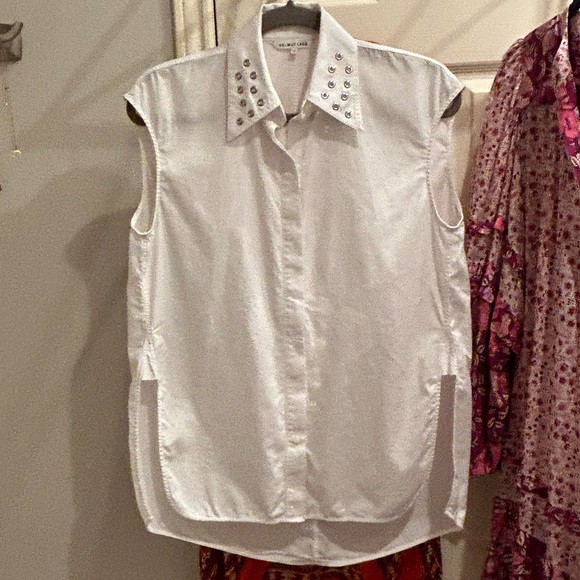 Helmet Lang Sleeveless Button Down Grommet Collar Poplin Top White Small - Picture 3 of 5